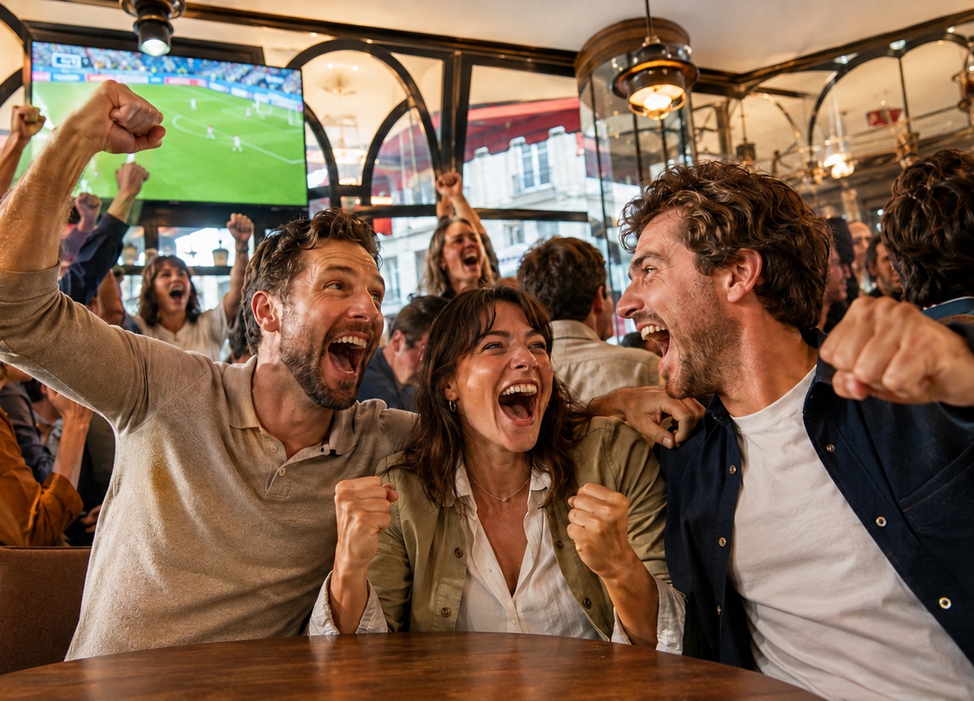 Des clients qui c&eacute;l&egrave;brent un but dans un bar